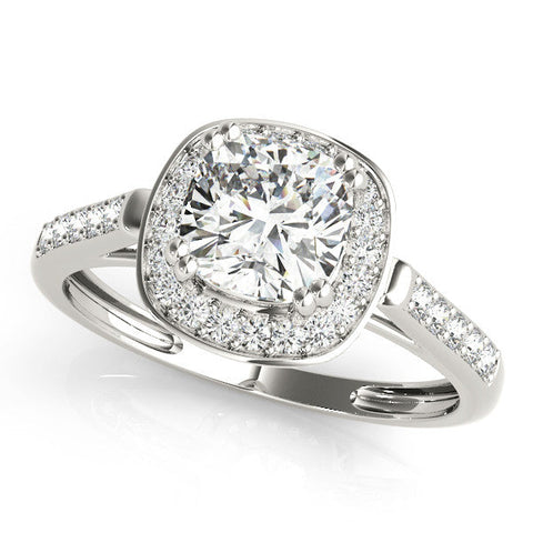 Silver Cushion Halo Diamond Ring with Split Shank and Four-Prong Setting