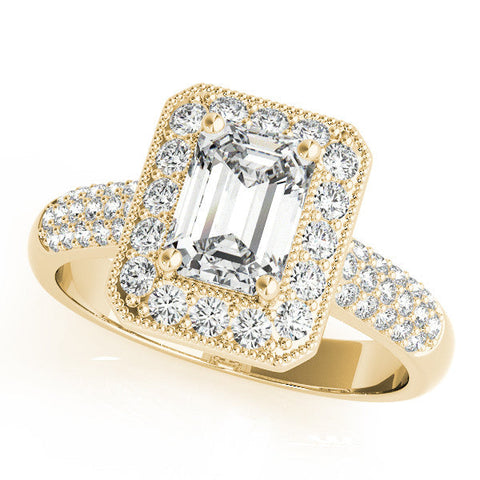 Yellow gold Princess Cut Halo Diamond Pave Band with Four-Prong Setting