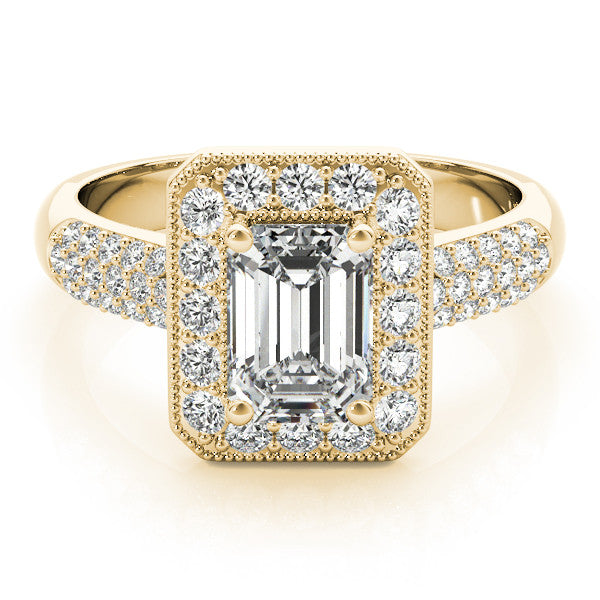 Yellow gold Princess Cut Halo Diamond Pave Band with Four-Prong Setting