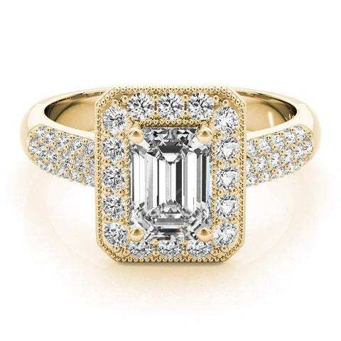 Yellow gold Radiant Cut Halo Diamond Pave Band with Four-Prong Setting