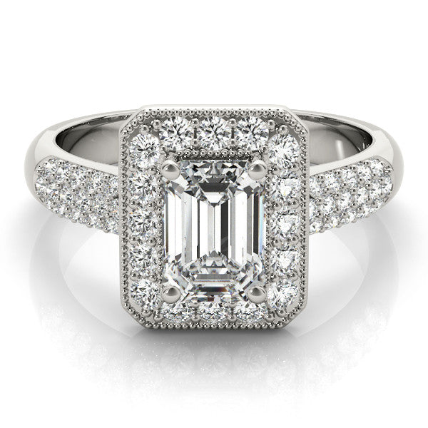 White gold Princess Cut Halo Diamond Pave Band with Four-Prong Setting