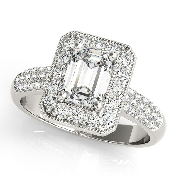 Silver Round Cut Halo Diamond Pave Band with Four-Prong Setting