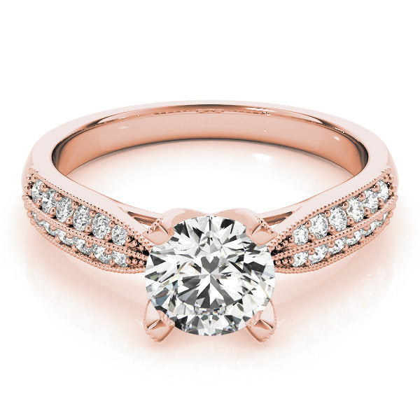 Rose gold Round Solitaire Diamond Ring with Milgrain Pavé Band and Four-Prong Setting