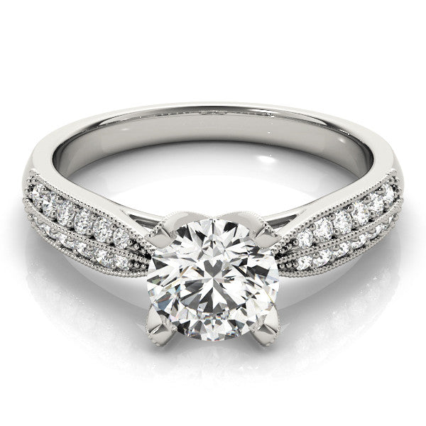 Silver Round Solitaire Diamond Ring with Milgrain Pavé Band and Four-Prong Setting
