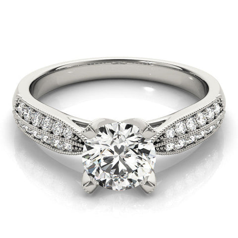 Silver Round Solitaire Diamond Ring with Milgrain Pavé Band and Four-Prong Setting
