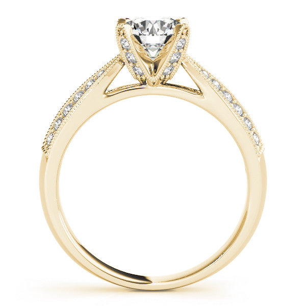Yellow gold Round Solitaire Diamond Ring with Milgrain Pavé Band and Four-Prong Setting