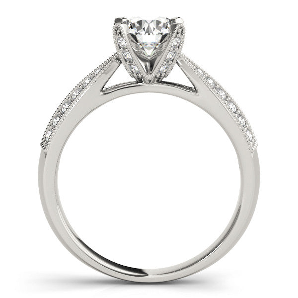 Silver Round Solitaire Diamond Ring with Milgrain Pavé Band and Four-Prong Setting