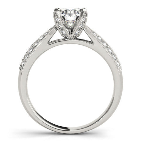 Silver Round Solitaire Diamond Ring with Milgrain Pavé Band and Four-Prong Setting