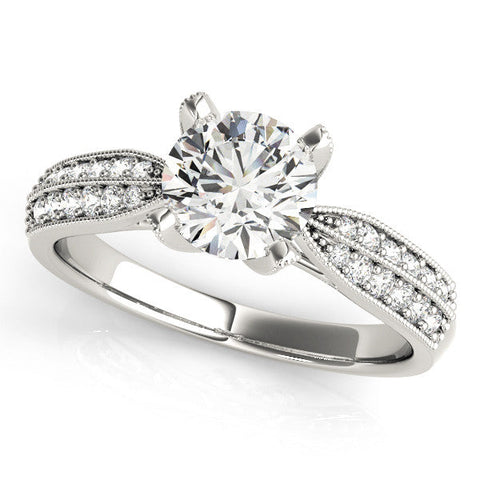 Silver Round Solitaire Diamond Ring with Milgrain Pavé Band and Four-Prong Setting