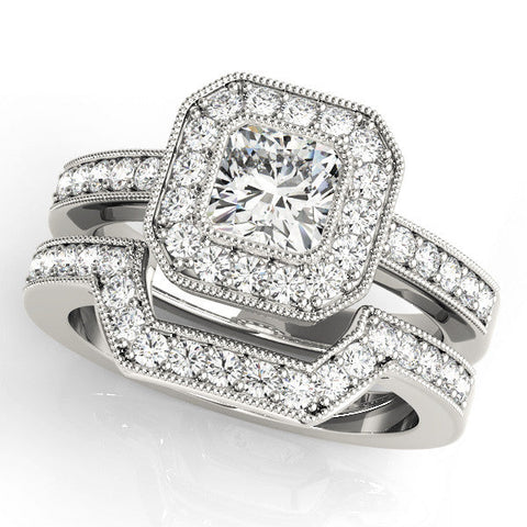 Silver Cushion-Cut Diamond Halo Engagement Ring with Pave Band and Prong Setting