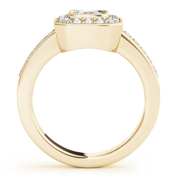 Yellow gold Cushion-Cut Diamond Halo Engagement Ring with Pave Band and Prong Setting