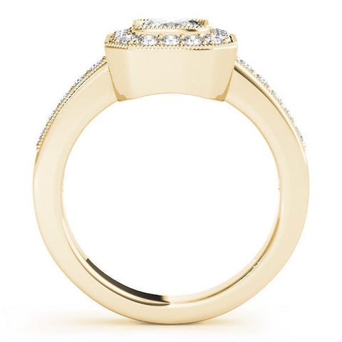 Yellow gold Cushion-Cut Diamond Halo Engagement Ring with Pave Band and Prong Setting
