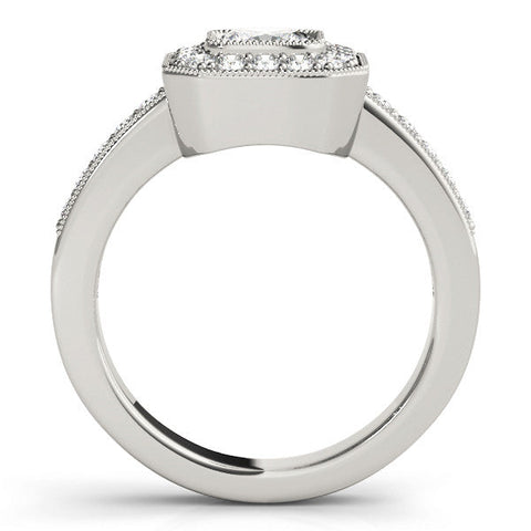 Silver Cushion-Cut Diamond Halo Engagement Ring with Pave Band and Prong Setting