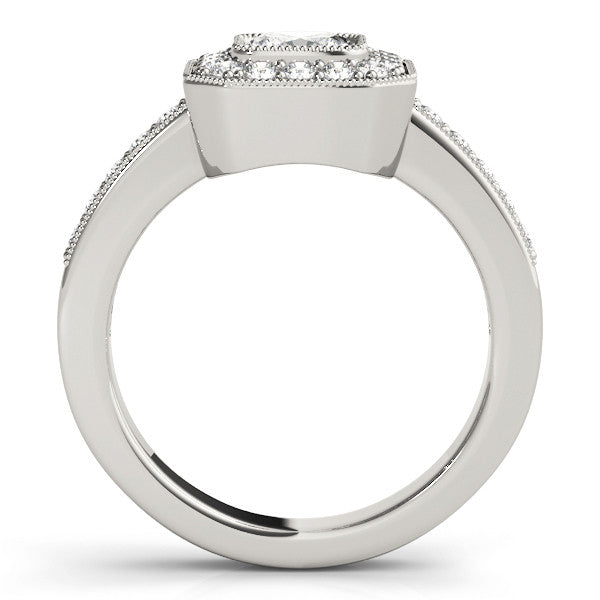 White gold Cushion-Cut Diamond Halo Engagement Ring with Pave Band and Prong Setting