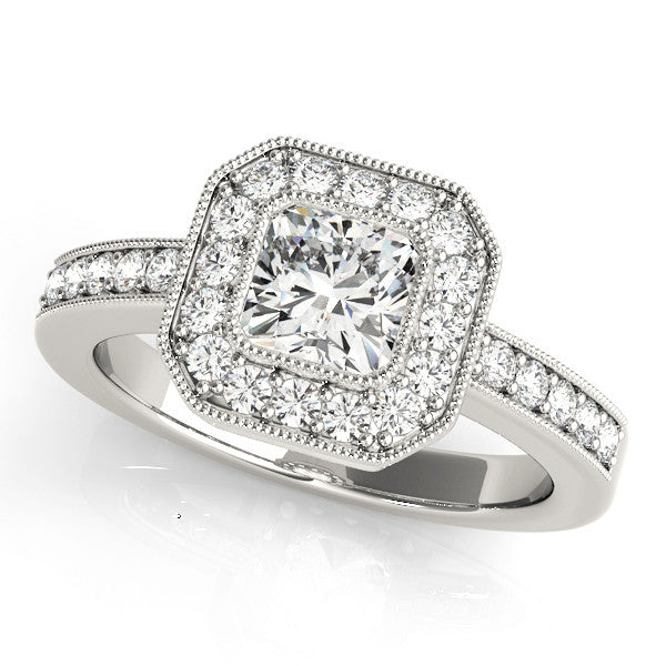 Silver Cushion-Cut Diamond Halo Engagement Ring with Pave Band and Prong Setting