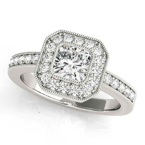 Silver Cushion-Cut Diamond Halo Engagement Ring with Pave Band and Prong Setting