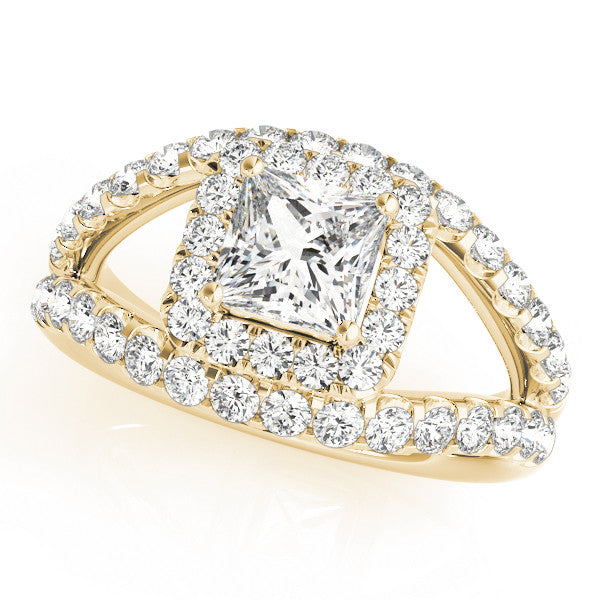 Yellow gold Princess Cut Halo Split Shank Ring with Four-Prong Setting