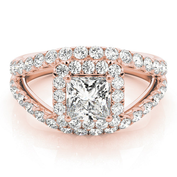 Rose gold Princess Cut Halo Split Shank Ring with Four-Prong Setting