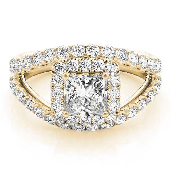 Yellow gold Princess Cut Halo Split Shank Ring with Four-Prong Setting