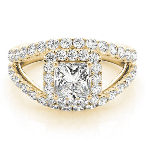 Yellow gold Princess Cut Halo Split Shank Ring with Four-Prong Setting