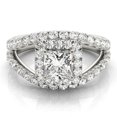 White gold Princess Cut Halo Split Shank Ring with Four-Prong Setting