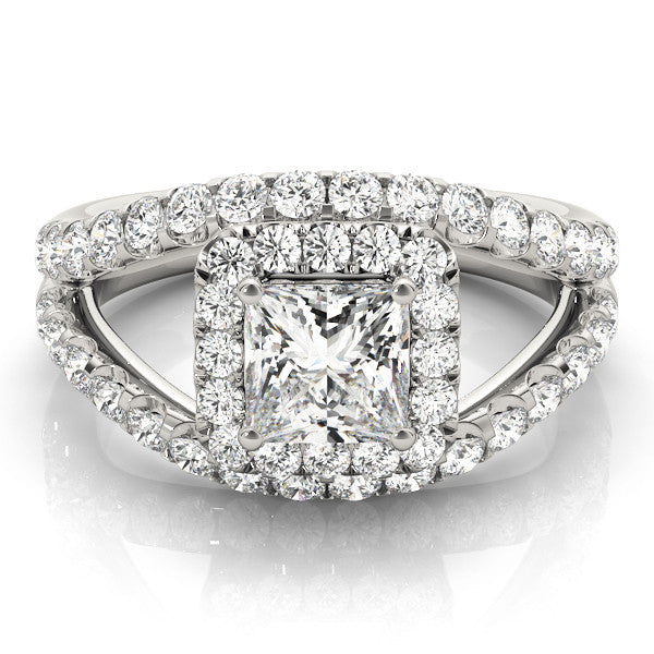 Platinum Princess Cut Halo Split Shank Ring with Four-Prong Setting
