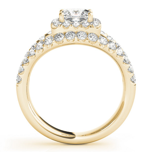 Yellow gold Princess Cut Halo Split Shank Ring with Four-Prong Setting
