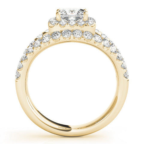 Yellow gold Princess Cut Halo Split Shank Ring with Four-Prong Setting