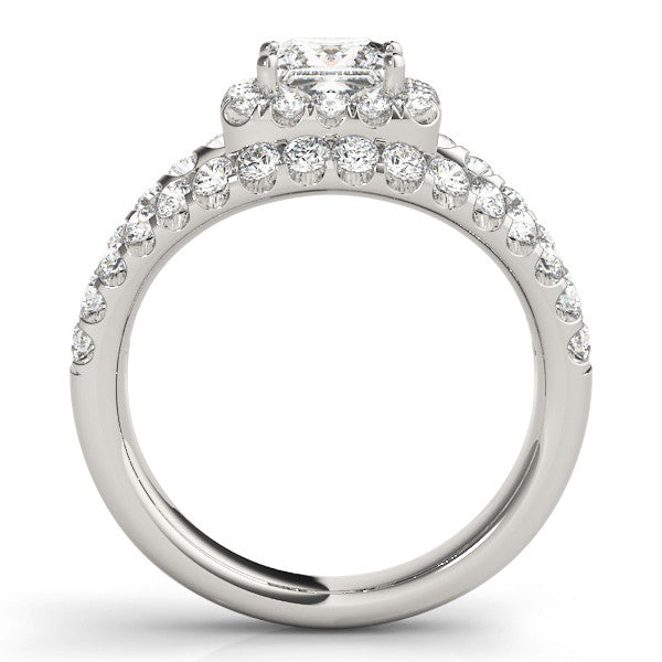 White gold Princess Cut Halo Split Shank Ring with Four-Prong Setting