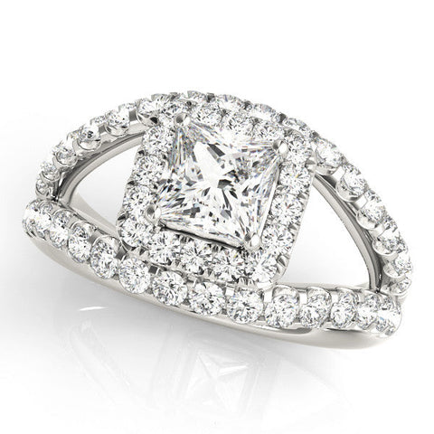 White gold Princess Cut Halo Split Shank Ring with Four-Prong Setting