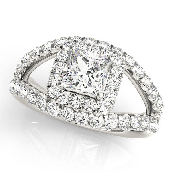 Platinum Princess Cut Halo Split Shank Ring with Four-Prong Setting