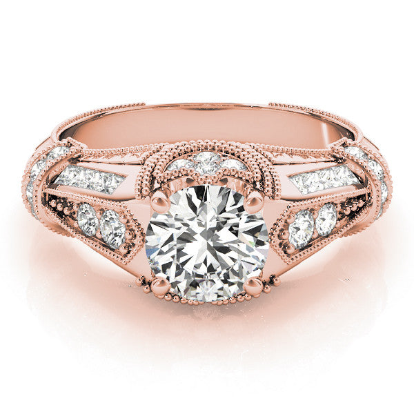 Rose gold Vintage Milgrain Round Diamond Split Shank Ring with Prong Setting