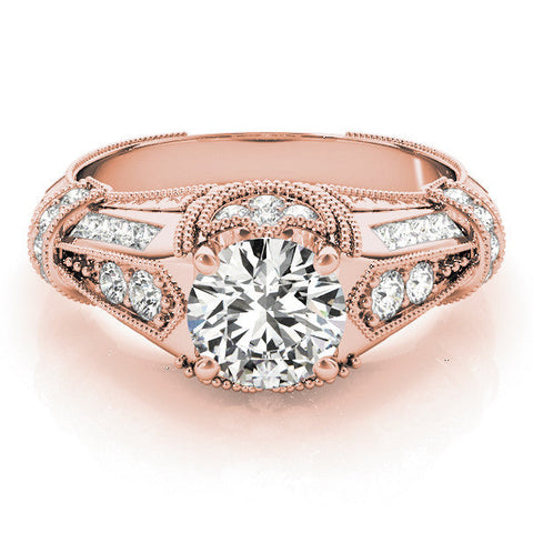 Rose gold Vintage Milgrain Round Diamond Split Shank Ring with Prong Setting
