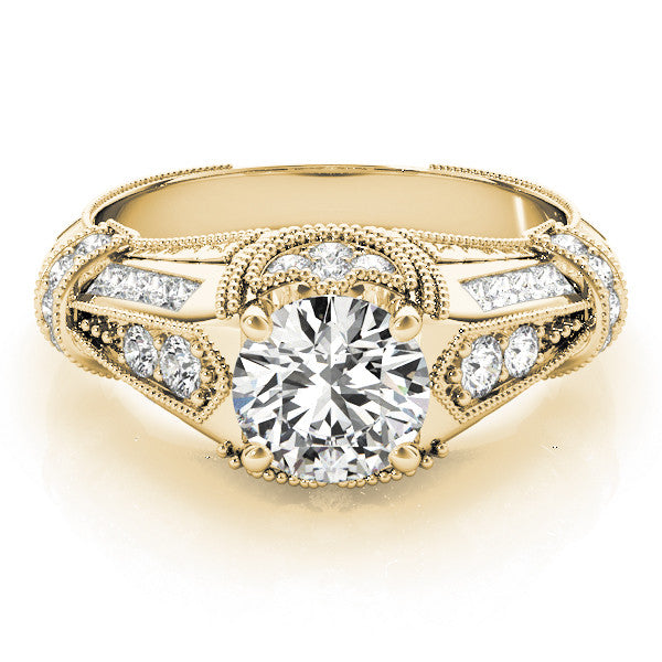 Yellow gold Vintage Milgrain Round Diamond Split Shank Ring with Prong Setting