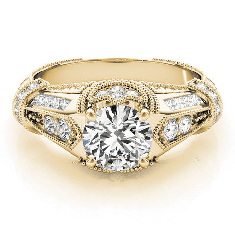 Yellow gold Vintage Milgrain Round Diamond Split Shank Ring with Prong Setting