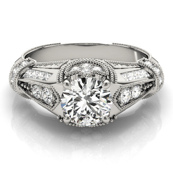 Silver Vintage Milgrain Round Diamond Split Shank Ring with Prong Setting