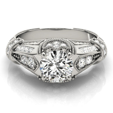 Silver Vintage Milgrain Round Diamond Split Shank Ring with Prong Setting
