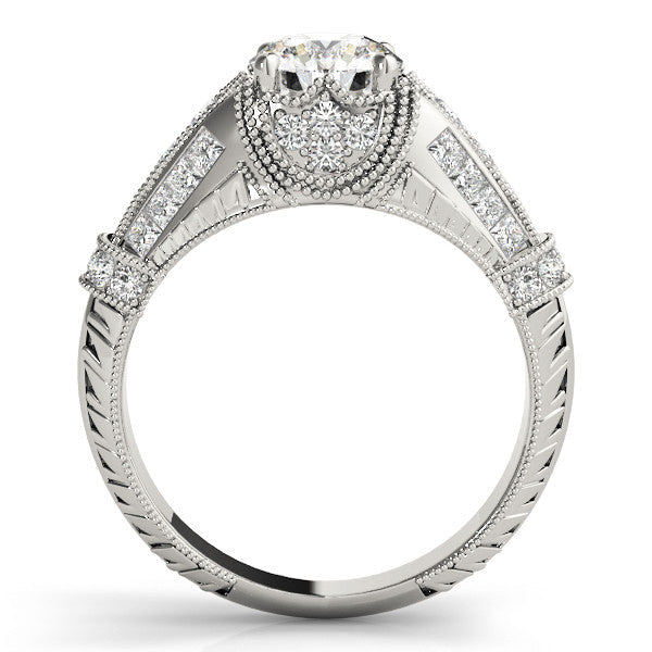 Silver Vintage Milgrain Round Diamond Split Shank Ring with Prong Setting