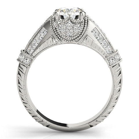Silver Vintage Milgrain Round Diamond Split Shank Ring with Prong Setting