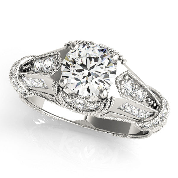 Platinum Vintage Milgrain Round Diamond Split Shank Ring with Prong Setting