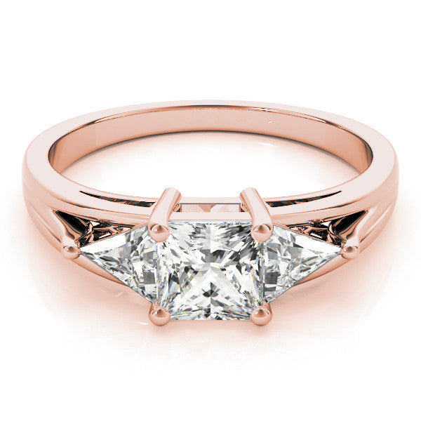 Rose gold Three-Stone Princess Cut Diamond Ring with Trillion Side Stones on a Split Shank Band