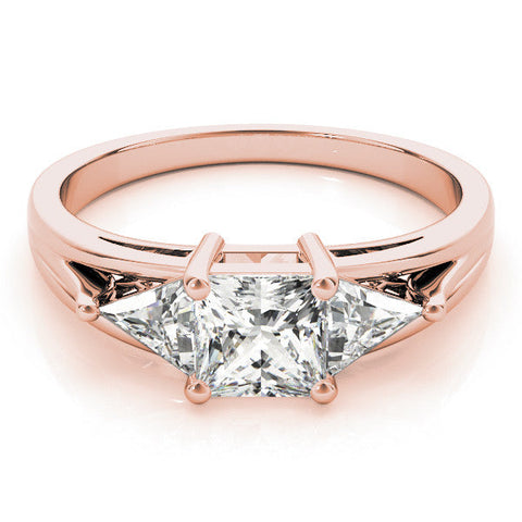 Rose gold Three-Stone Princess Cut Diamond Ring with Trillion Side Stones on a Split Shank Band