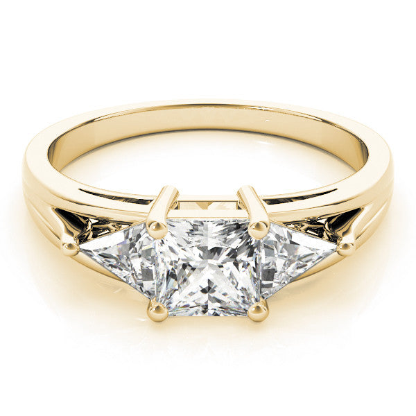 Yellow gold Three-Stone Princess Cut Diamond Ring with Trillion Side Stones on a Split Shank Band