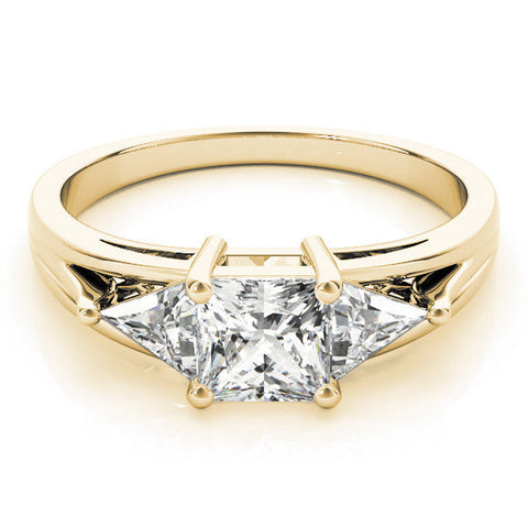 Yellow gold Three-Stone Princess Cut Diamond Ring with Trillion Side Stones on a Split Shank Band