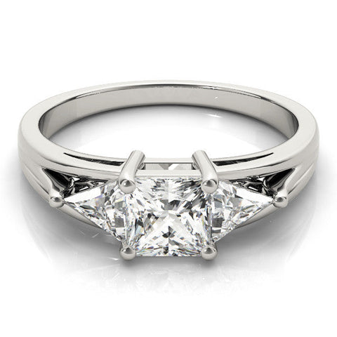 White gold Three-Stone Princess Cut Diamond Ring with Trillion Side Stones on a Split Shank Band