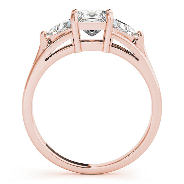 Rose gold Three-Stone Princess Cut Diamond Ring with Trillion Side Stones on a Split Shank Band