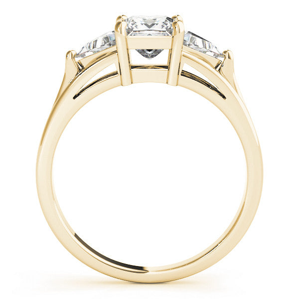 Yellow gold Three-Stone Princess Cut Diamond Ring with Trillion Side Stones on a Split Shank Band