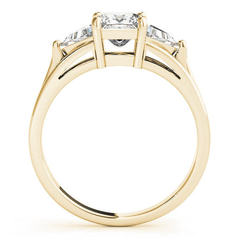 Yellow gold Three-Stone Princess Cut Diamond Ring with Trillion Side Stones on a Split Shank Band
