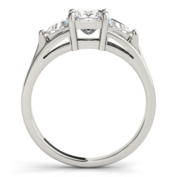 Silver Three-Stone Princess Cut Diamond Ring with Trillion Side Stones on a Split Shank Band