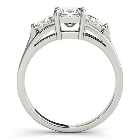 Silver Three-Stone Princess Cut Diamond Ring with Trillion Side Stones on a Split Shank Band